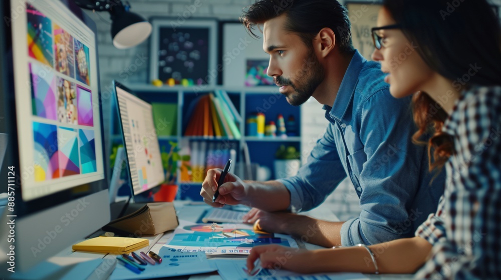 An advertising manager provides feedback and guidance to a graphic designer working on visual assets for a new advertising campaign. An advertising manager provides feedback and guidance to a graphic designer working on visual assets for a new advertising campaign.