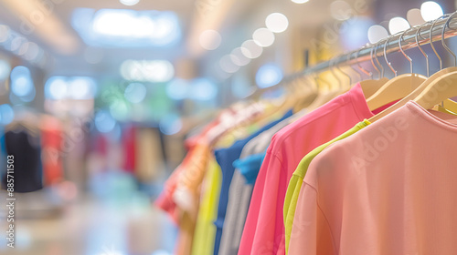 Shopping in a boutique with fashionable clothes displayed on hangers for sale, featuring a blurred background of various market offerings