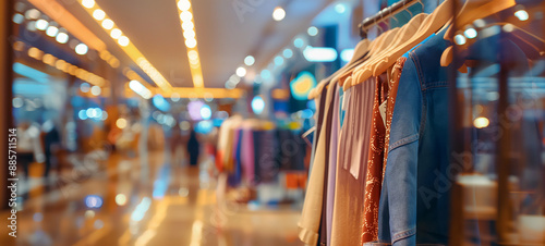 Shopping in a boutique with fashionable clothes displayed on hangers for sale, featuring a blurred background of various market offerings