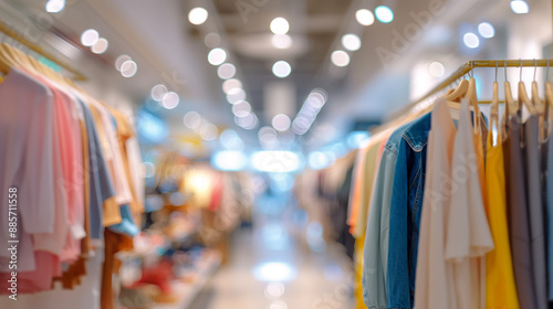 Shopping in a boutique with fashionable clothes displayed on hangers for sale, featuring a blurred background of various market offerings