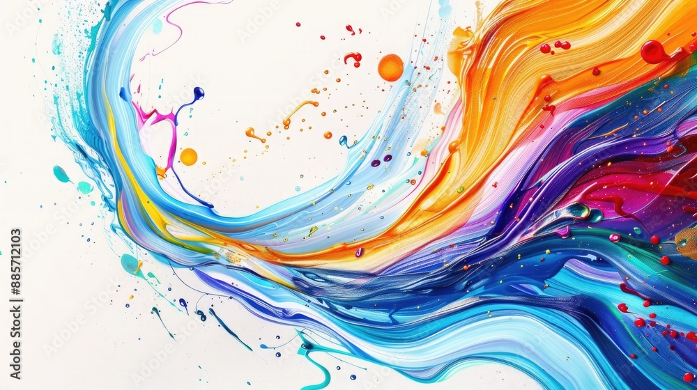 An abstract painting showing a burst of circular liquid motion, characterized by colorful curved waves and paint droplets on a white background. An abstract painting showing a burst of circular liquid motion, characterized by colorful curved waves and paint droplets on a white background.