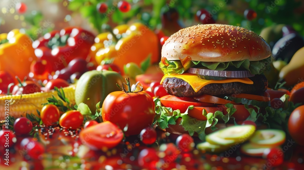 custom made wallpaper toronto digitalA juicy hamburger perched on top of a colorful pile of mixed vegetables