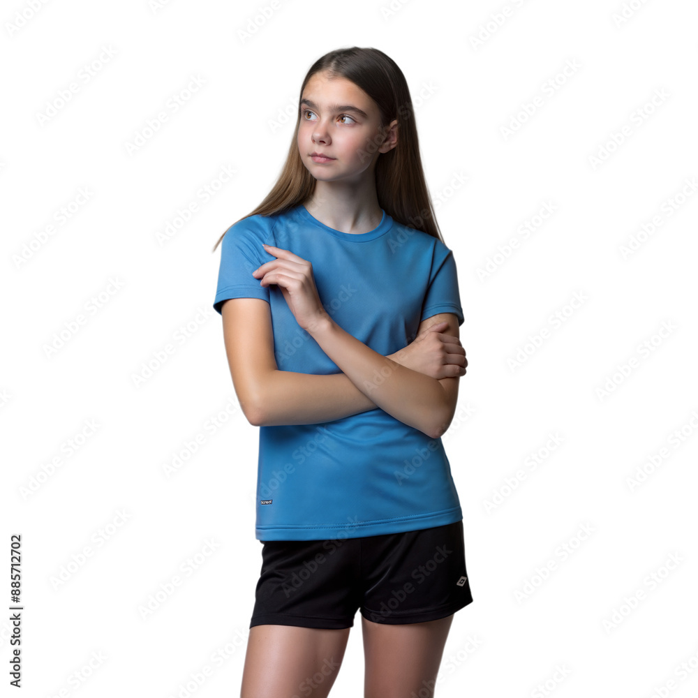 Young Female Wearing Blue Short Sleeve T-Shirt and Black Shorts Against Transparent Background Young Female Wearing Blue Short Sleeve T-Shirt and Black Shorts Against Transparent Background