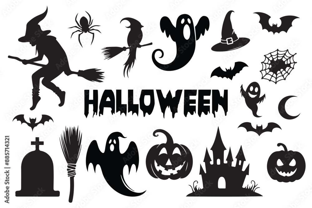 Set of halloween silhouettes icon and character. Vector illustration. Isolated on white background. Set of halloween silhouettes icon and character. Vector illustration. Isolated on white background.