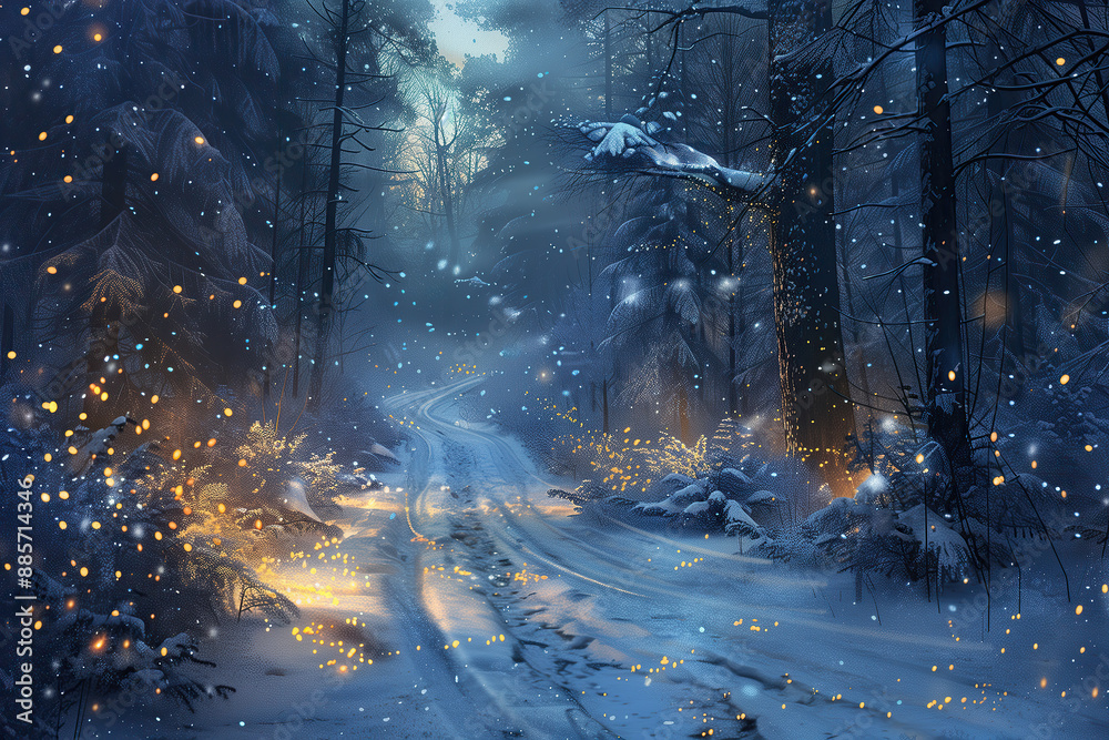 snowy road in the forest, glowing fireflies, starry sky, winter night, fantasy style snowy road in the forest, glowing fireflies, starry sky, winter night, fantasy style