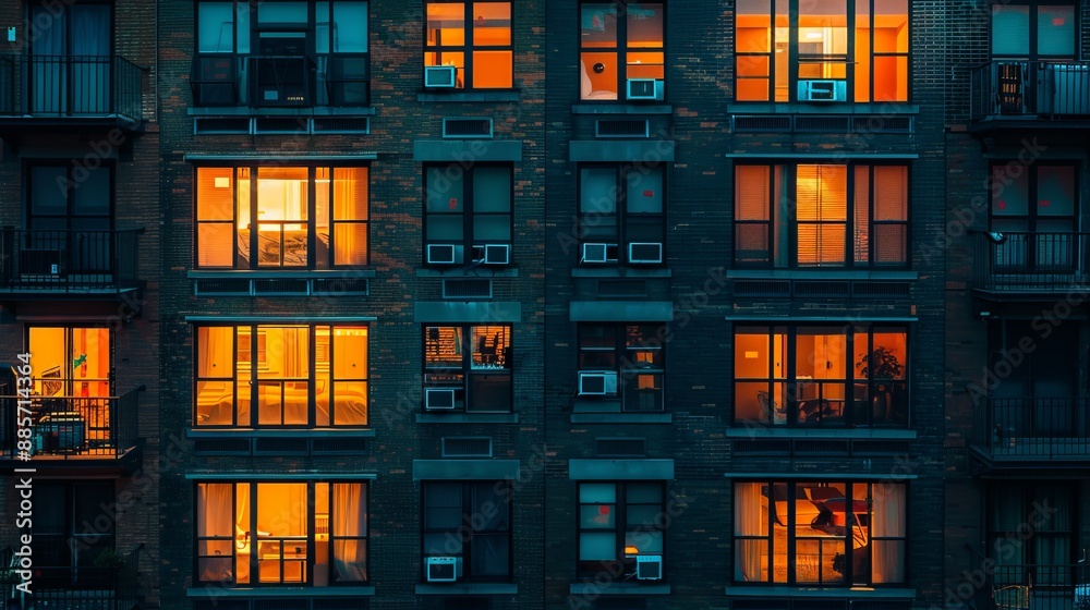 This image shows an urban apartment building at night, with various windows lit up, creating a cozy ambiance and reflecting the intimate lives of the inhabitants. This image shows an urban apartment building at night, with various windows lit up, creating a cozy ambiance and reflecting the intimate lives of the inhabitants.