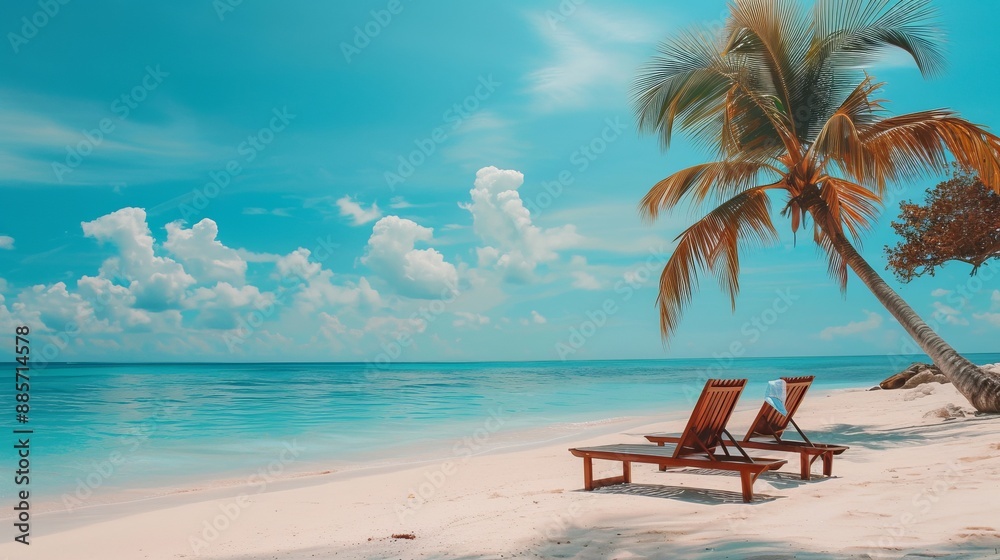 This serene image captures two chairs under palm trees on a pristine tropical beach, evoking relaxation and the peaceful vibes of an idyllic seaside getaway. This serene image captures two chairs under palm trees on a pristine tropical beach, evoking relaxation and the peaceful vibes of an idyllic seaside getaway.
