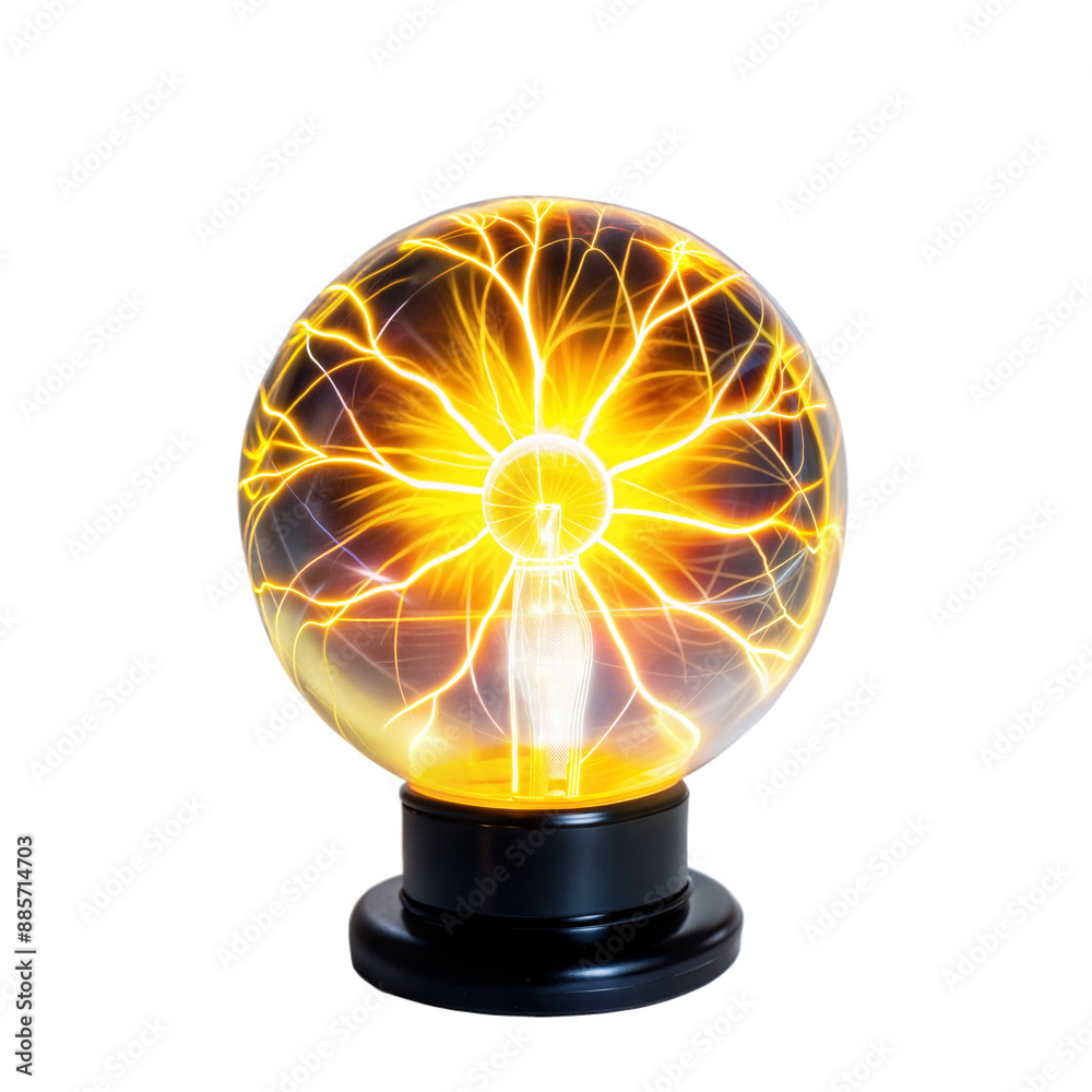 A Glass Plasma Ball With Yellow Lightning Discharges On A Black Base A Glass Plasma Ball With Yellow Lightning Discharges On A Black Base