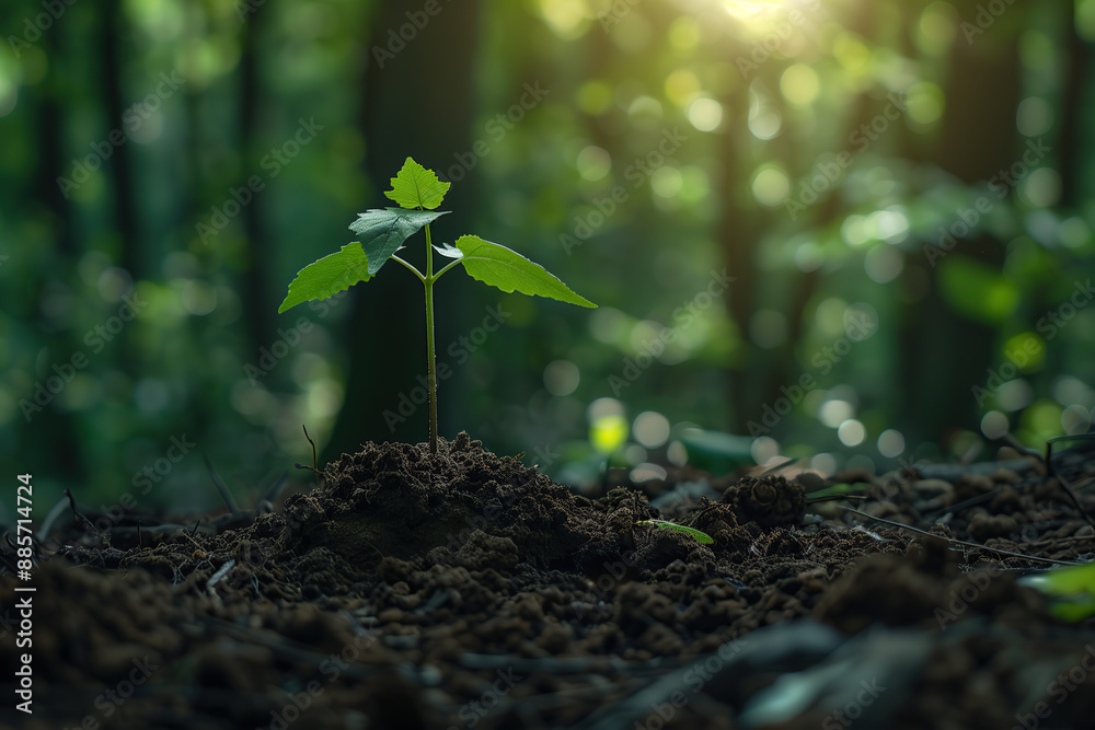 young tree sprout growing in the forest, on soil. The background is blurred and dark green young tree sprout growing in the forest, on soil. The background is blurred and dark green