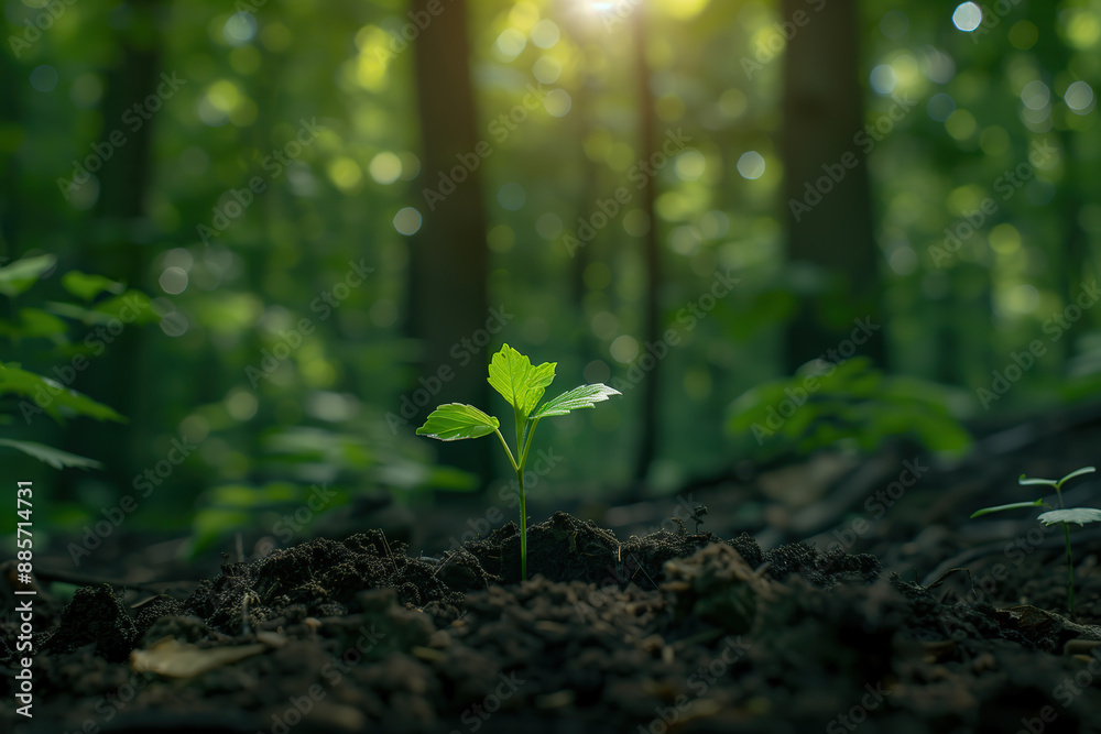 young tree sprout growing in the forest, on soil. The background is blurred and dark green young tree sprout growing in the forest, on soil. The background is blurred and dark green