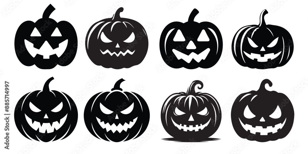Obraz premium Set of halloween silhouettes icon and character. Vector illustration. Isolated on white background.