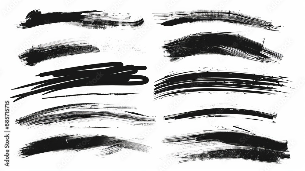 A collection of horizontal black brushstrokes featuring varied textures and lines, representing the raw energy and creative spirit of abstract modern art. A collection of horizontal black brushstrokes featuring varied textures and lines, representing the raw energy and creative spirit of abstract modern art.