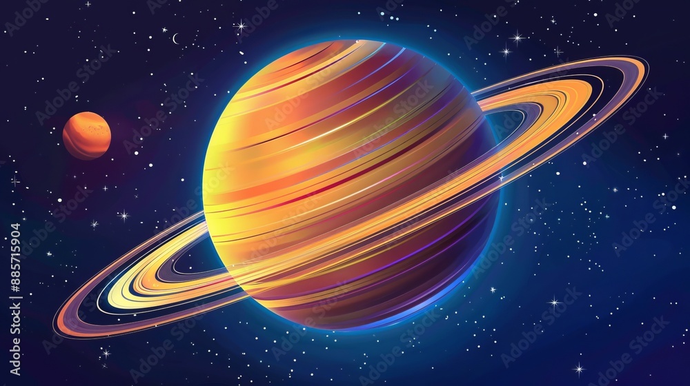 Fototapeta premium An artistic representation of a stunningly vibrant planet encircled by glowing rings, set against a richly detailed starry backdrop, evoking a sense of wonder and magnificence.