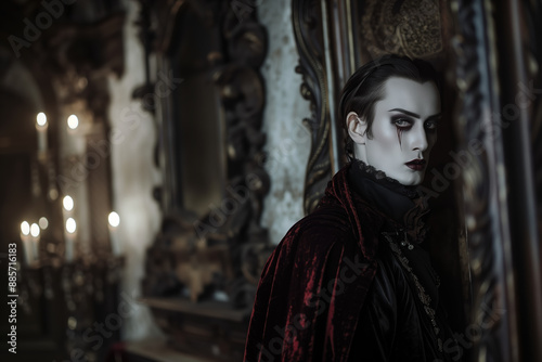 Pale Vampire in Gothic Mansion with Candlelight 