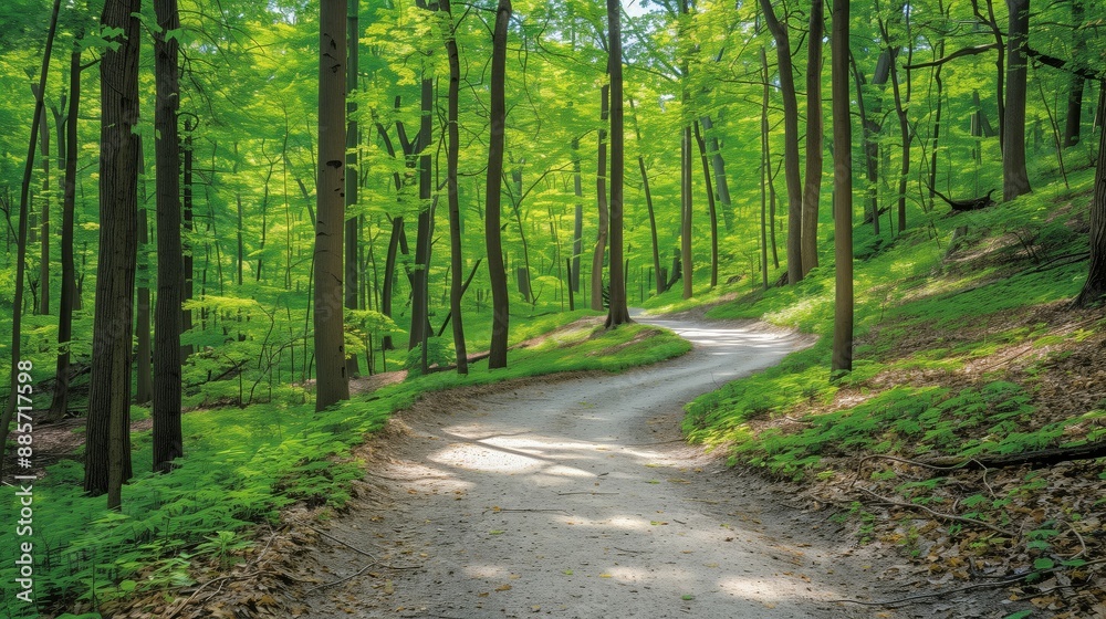 hiking trail lush green forest sunlight shadows tranquility outdoor activities relaxation nature hiking trail lush green forest sunlight shadows tranquility outdoor activities relaxation nature