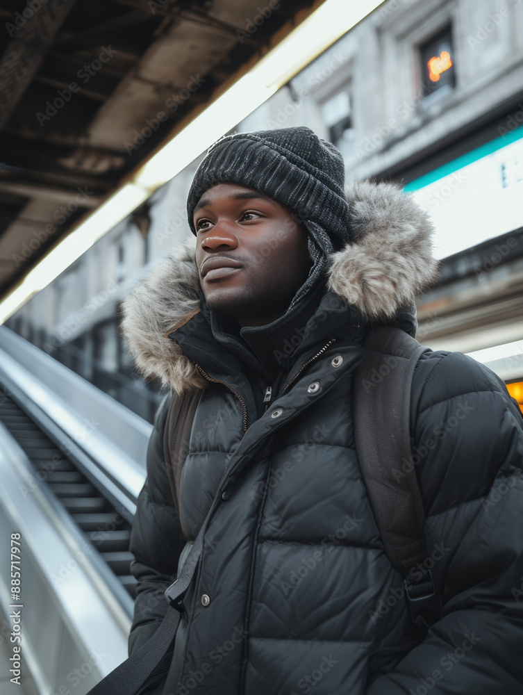 Portrait of a young black man waiting at the subway station Portrait of a young black man waiting at the subway station
