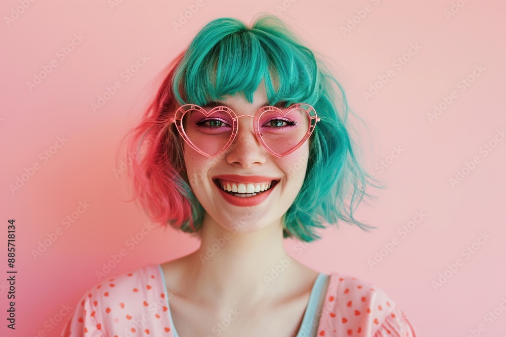 Portrait of a young girl with green and pink hair on a pink background Portrait of a young girl with green and pink hair on a pink background