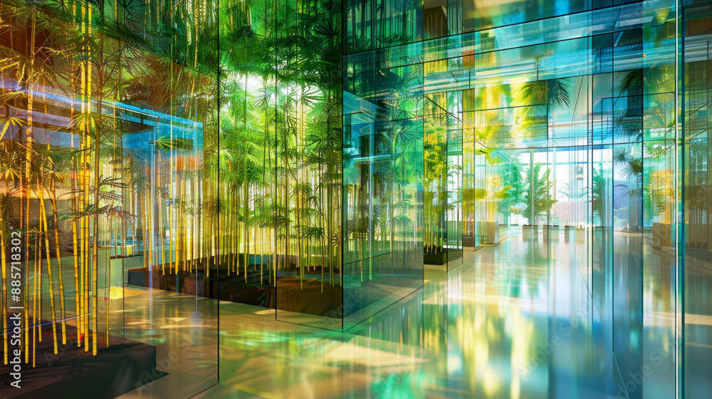 Modern interior with glass walls and growing bamboo plants Modern interior with glass walls and growing bamboo plants