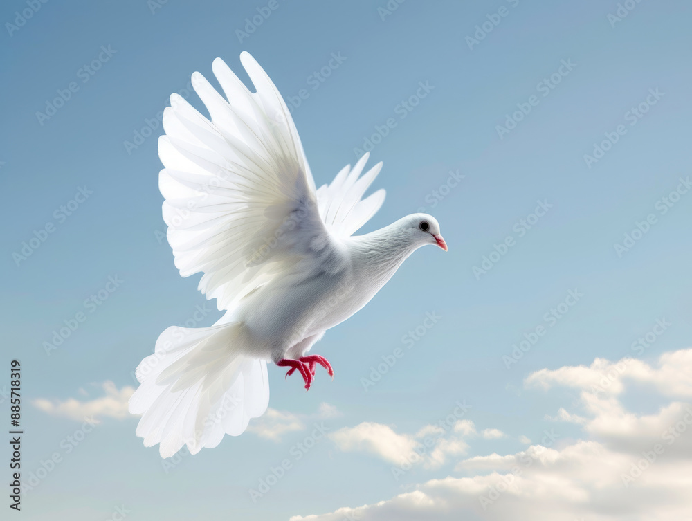White dove flying against blue sky White dove flying against blue sky