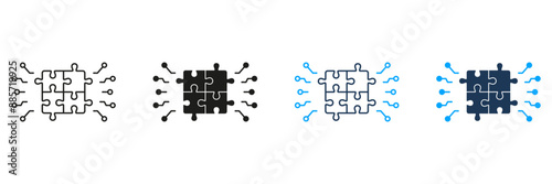 Digital Square Jigsaw Line and Silhouette Icon Set. Puzzle Challenge, Teamwork, Logic Game, Idea Sign. Combination Solution, Pieces Match Icon. Editable Stroke. Isolated Vector Illustration