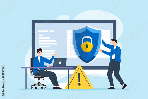Flat illustration of two men shielding computer from data breach firewall protection cybersecurity defense