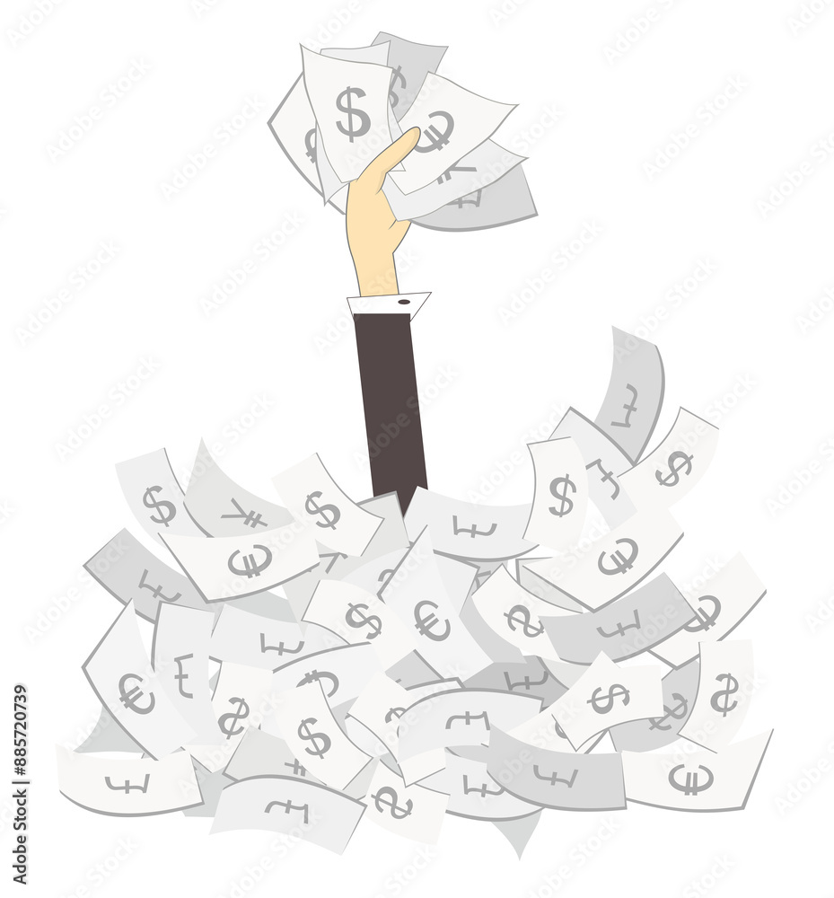 Obraz premium Success in business. Hand with paper currency. Gambling. Lottery. Hand with paper currency rising from the big pile of money. Business concept illustration 