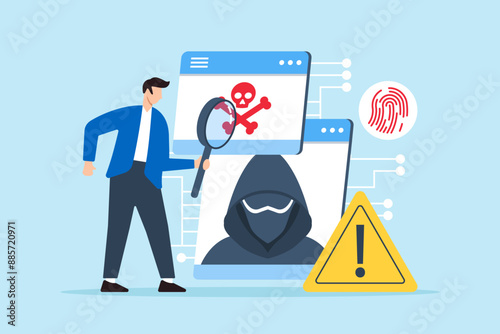 Flat illustration of man investigating cyber threat and digital attacks with magnifying glass