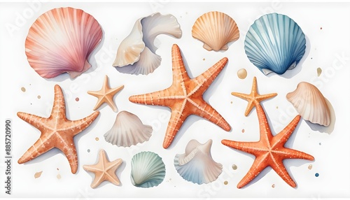 Set of Seashells watercolor illustration with starfish sea shells on the white background AI Generated
