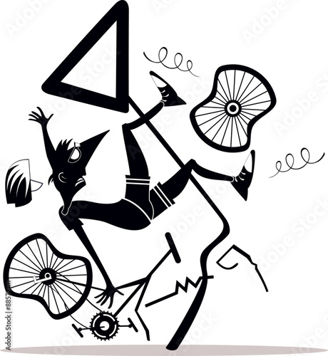 Bicycle accident. Falling down cyclist. 
Cyclist smashed into a road sign. Black and white illustration
