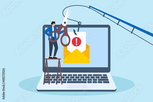 Flat illustration of man with scissors cuts phishing email on laptop screen cyber awareness and fraud protection
