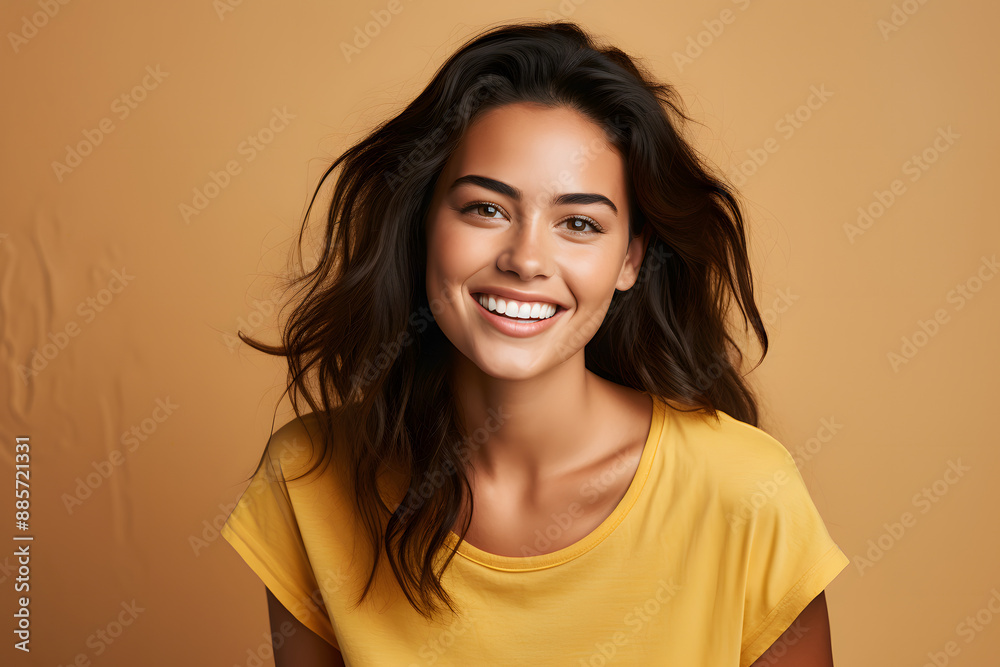 portrait of a beautiful woman smiling and happy over beige background portrait of a beautiful woman smiling and happy over beige background