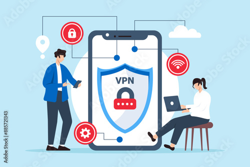 Flat illustration of two people setting up vpn virtual private network to secure internet connection