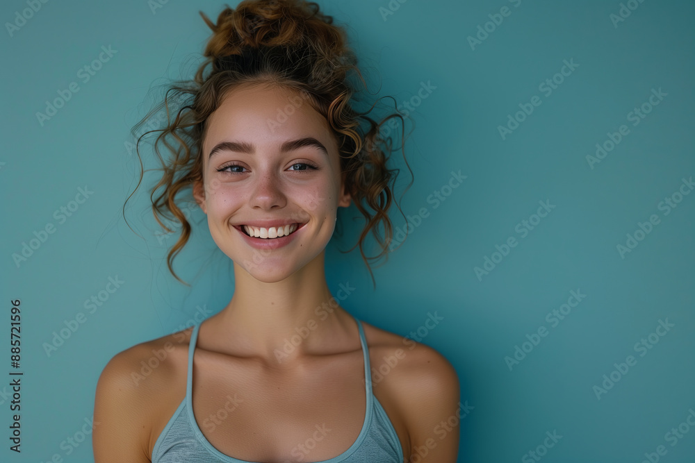 Caucasian female athlete smiling with confidence on blue background. Caucasian female athlete smiling with confidence on blue background.