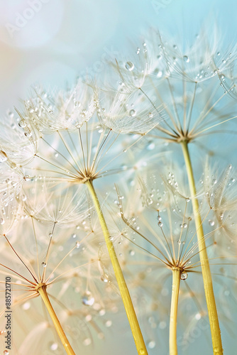Dandelion seeds with water droplets, capturing a sense of fragility and ephemeral beauty, perfect for whimsical and nature-inspired designs.