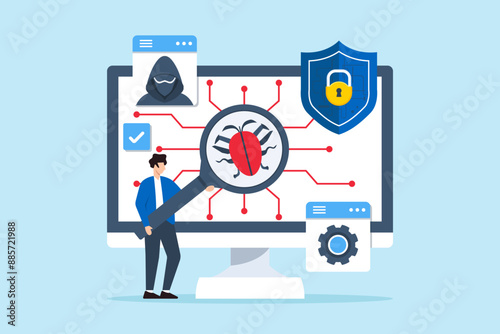 Flat illustration of man performing penetration testing ethical hacking and improving security