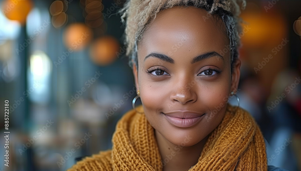 A close up shot of an attractive African American woman with short blonde hair sitting in her wheelchair