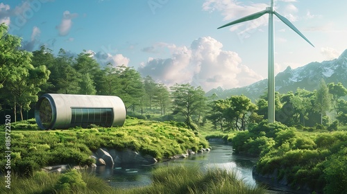 A wind turbine in a natural setting generates hydrogen from air or water through pipes, promoting the concept of using green hydrogen and nitrogen for producing nitrogen fertilizer,