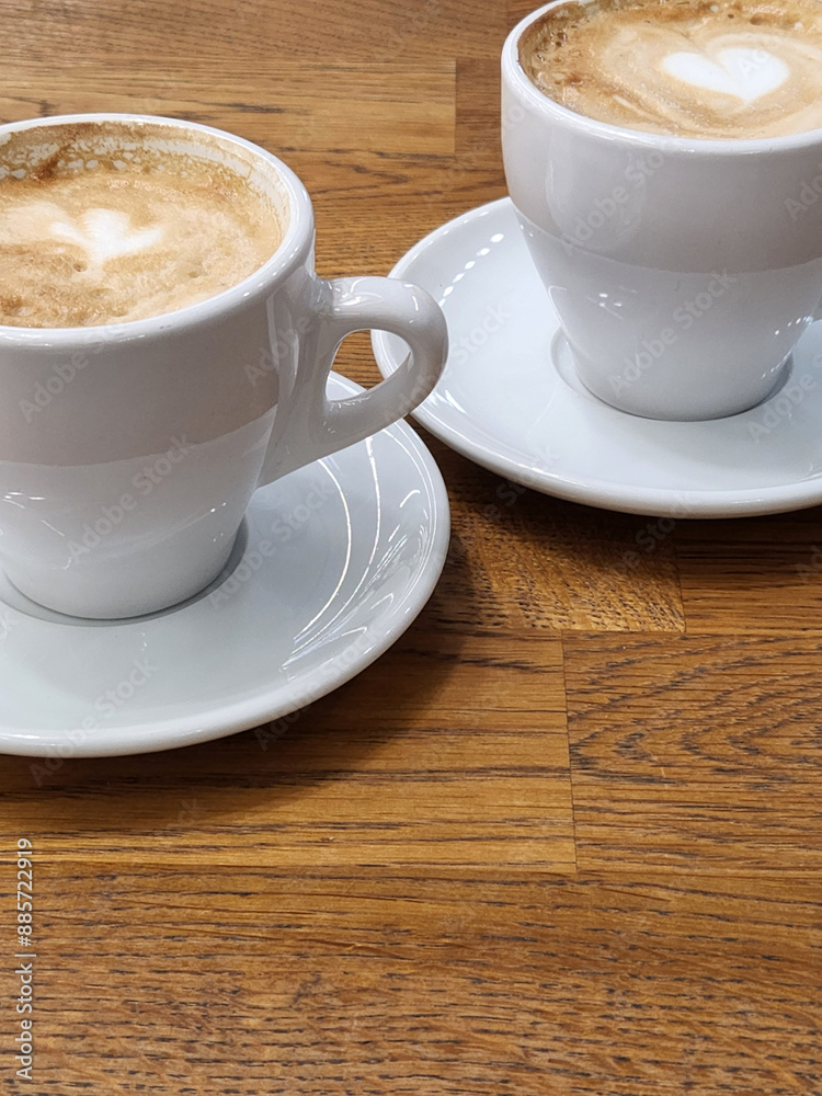 Obraz premium Coffee in white cups. Two white cups with coffee