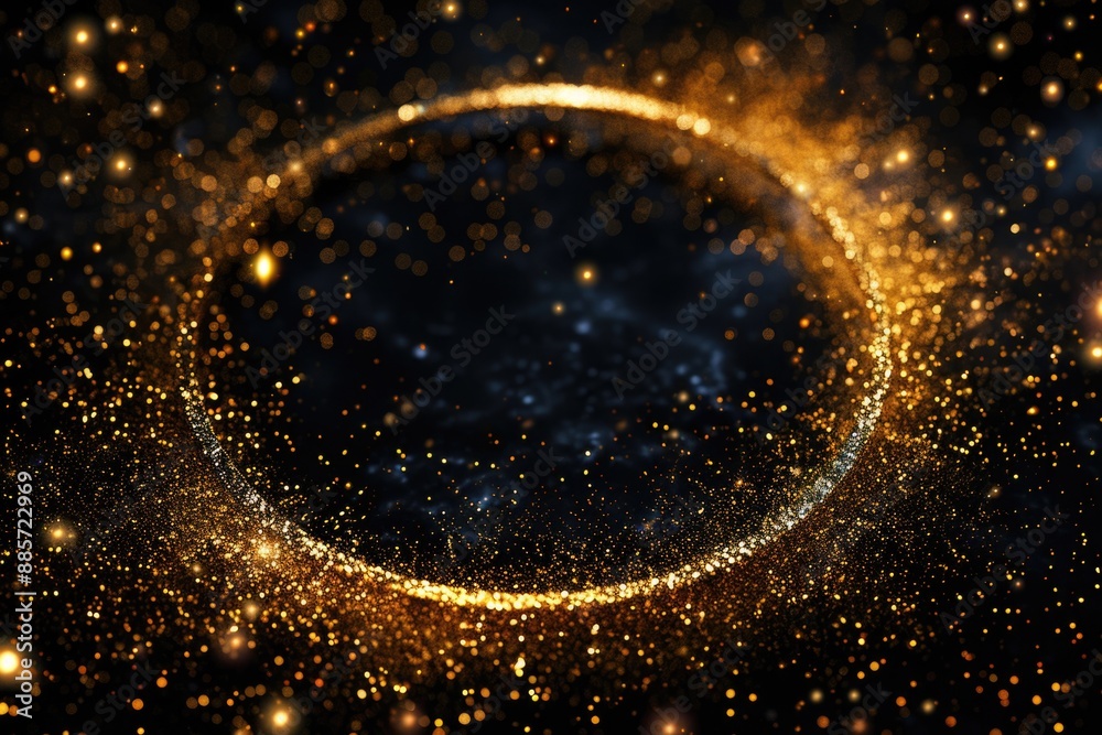 A circle of golden sparkles against a black backdrop, ideal for use in luxury or celebratory contexts A circle of golden sparkles against a black backdrop, ideal for use in luxury or celebratory contexts