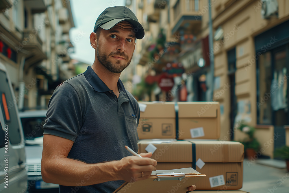 Caucasian male courier checks documents, delivers goods to customer by car. Caucasian male courier checks documents, delivers goods to customer by car.