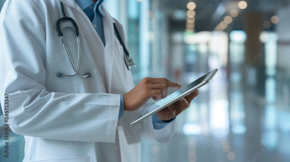 A medical professional accessing patient records through a secure cloud-based document management system on a tablet. A medical professional accessing patient records through a secure cloud-based document management system on a tablet.