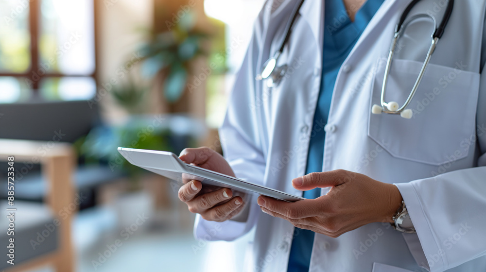 A medical professional accessing patient records through a secure cloud-based document management system on a tablet. A medical professional accessing patient records through a secure cloud-based document management system on a tablet.