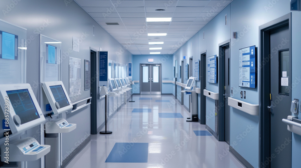 A high-tech hospital corridor with digital kiosks for secure patient record management, emphasizing document technology. A high-tech hospital corridor with digital kiosks for secure patient record management, emphasizing document technology.