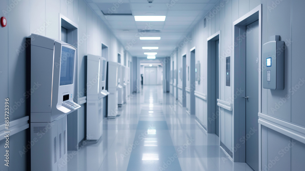 A high-tech hospital corridor with digital kiosks for secure patient record management, emphasizing document technology. A high-tech hospital corridor with digital kiosks for secure patient record management, emphasizing document technology.