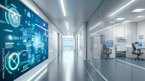 A modern healthcare IT office with digital security systems and encrypted databases for patient information.