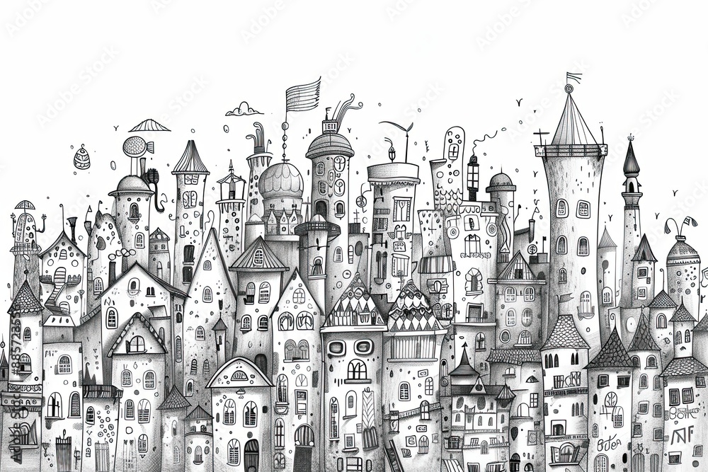 Obraz premium Enchanting black and white cityscape doodle bursting with playful and imaginative designs