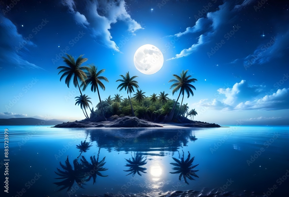 A tropical island with palm trees silhouetted against a large, glowing blue moon in a starry night sky, reflected in the calm ocean waters below A tropical island with palm trees silhouetted against a large, glowing blue moon in a starry night sky, reflected in the calm ocean waters below