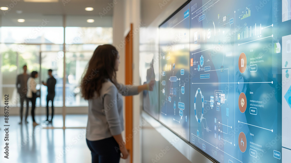 An interactive digital wall in a corporate office showing icons of CSR activities, including charity events, recycling programs, and educational outreach. An interactive digital wall in a corporate office showing icons of CSR activities, including charity events, recycling programs, and educational outreach.