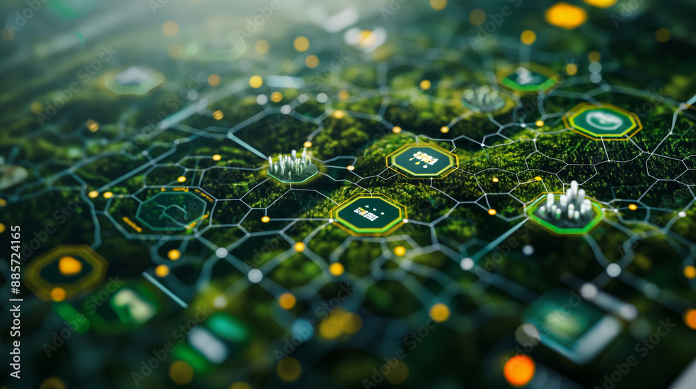 A close-up of a digital interface showing a map with icons for ...