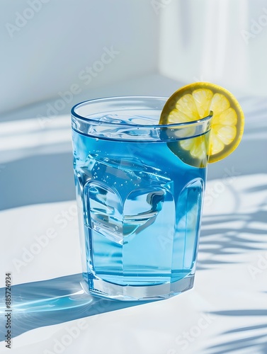 Blue Summer Drink on a light Background with Sunlight and Shadows